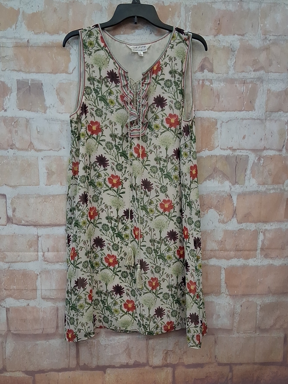 M.S.S.P. Sleeveless Floral Ruffle Front Dress - Beige/Green